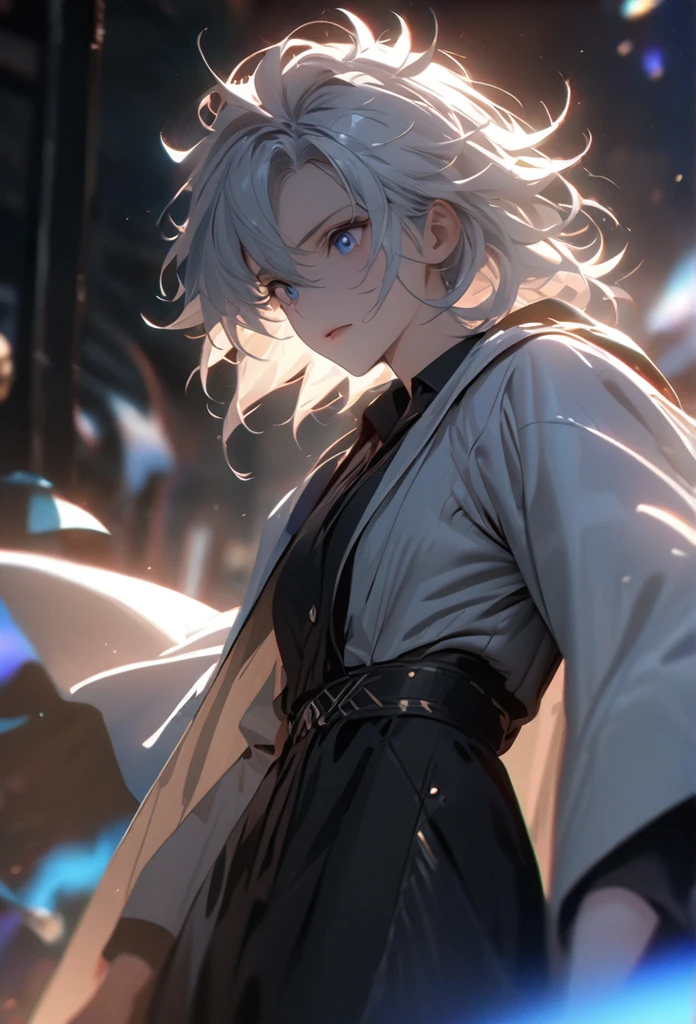 (solo), white hair, messy hair, mane hair, short hair, dense hair, wild hair, expressive hair, mature,(25 year old), pale skin, blue eyes, ((male)), wearing a black dress shirt, wearing a white cloak,, rolled up sleeves, handsome, attractive, eye reflection, depth of field, blue thunder aura, blue cinematic lighting, blue ray tracing, depth of field, cinematic lighting, blue ray tracing, UHD, high details, best quality, highres, high quality, award winning, super detail, masterpiece, 8k, UHD, high details, best quality, highres, high quality, award winning, super detail, masterpiece, 8k, digital art, anime coloring, full body shot, body shot, In a fighting position, Hand to hand combat, good face, perfect face, detailed face, good eyes, looking towards the screen.