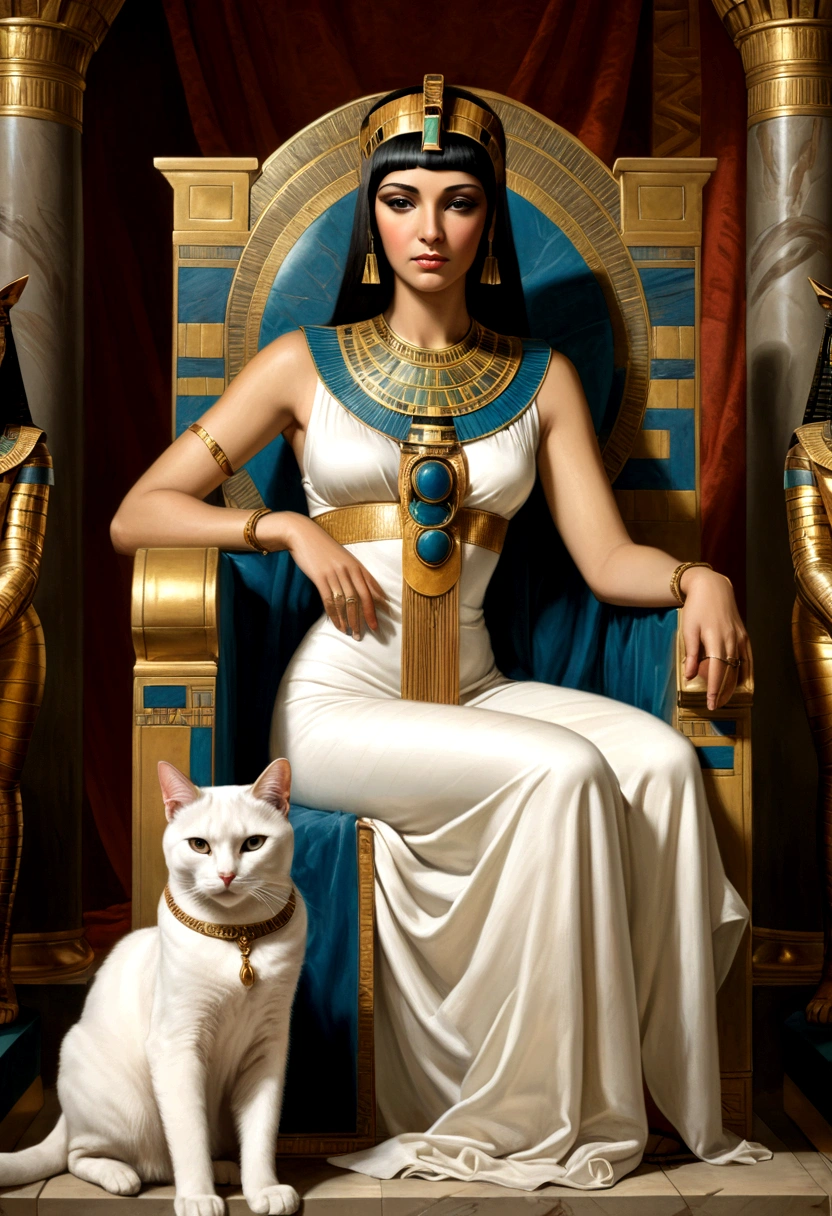 Renaissance painting of Cleopatra sitting on a throne, her gaze is alluring and attractive, perfect beauty, she looks like a goddess, her 2 cats are at her side, the only focus of the image is her, she is facing the viewer, Renaissance painting.