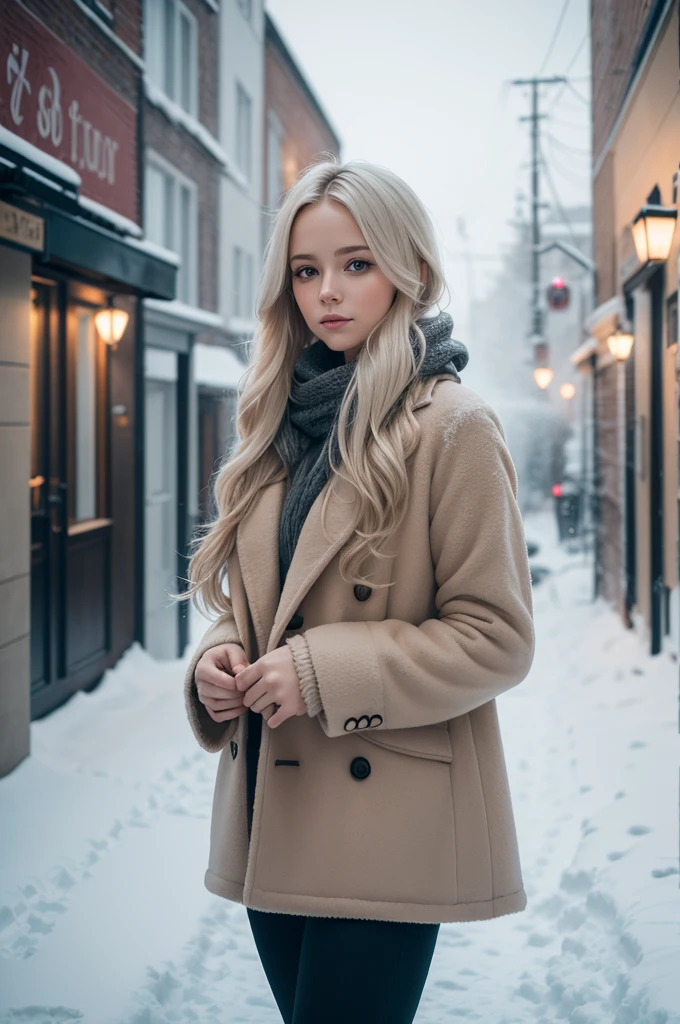 professional photography of a beautiful norwegian girl in winter clothes with long wavy blonde hair, sensual and seductive look, beautiful symmetrical face, beautiful natural makeup, wearing chic warm winter fashion clothing, ((standing outside on the snowy city street)), impressive modern urban environment, ultra realistic, conceptual artwork, chic, highy detailed, intricate, sharp focus, Depth of field, f/1. 8, 85 mm, medium shot, mid shot, (((professional color grading))), soft and bright diffused light, (Volumetric fog), Trends on Instagram, HD 4k, 8K