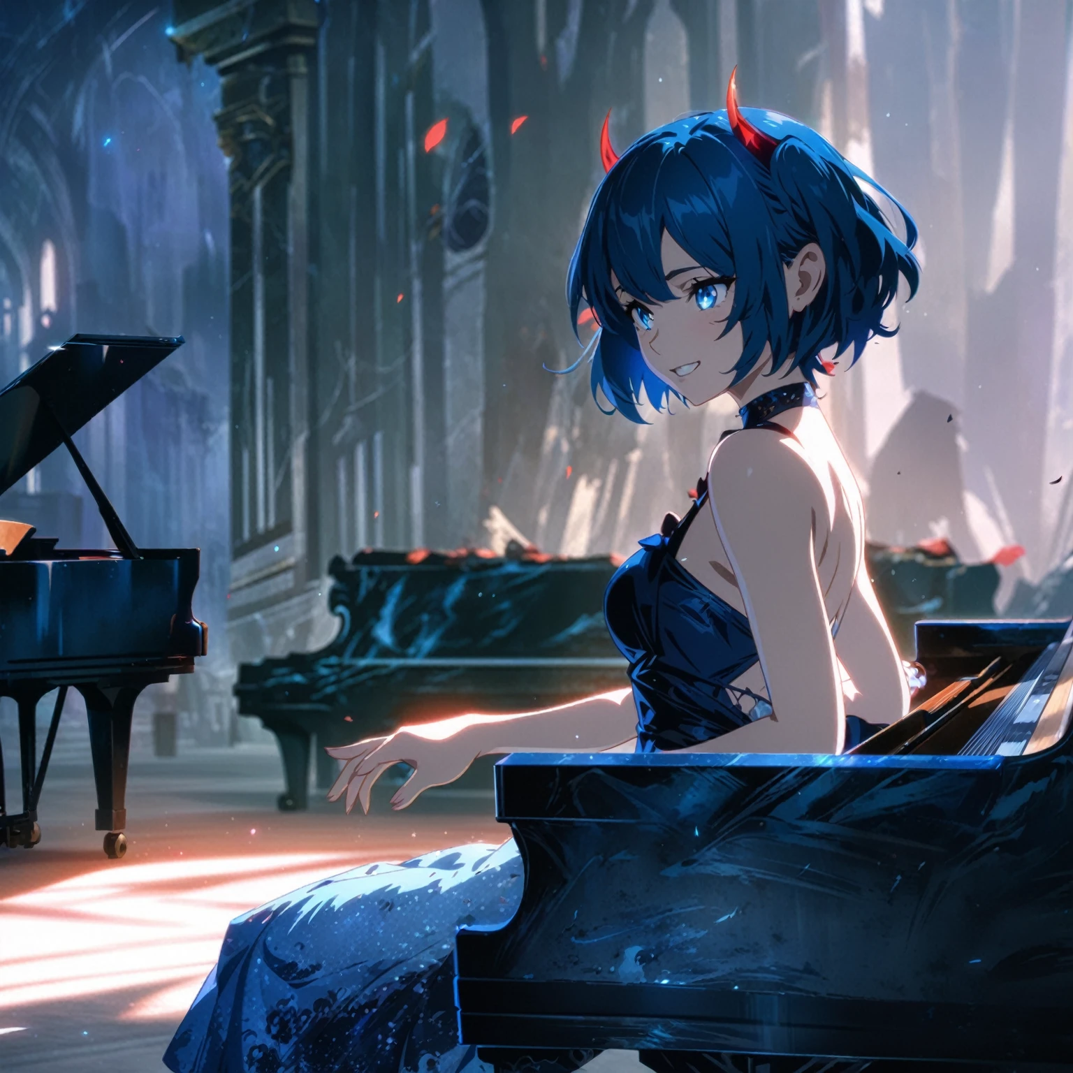 anime girl in blue dress playing piano in large room,evil smile, anime style 4 k, 8k high quality detailed art, nightcore, anime art wallpaper 8 k, 4k anime wallpaper, anime art wallpaper 4k, anime art wallpaper 4 k, anime style. 8k, anime wallpaper 4 k, anime wallpaper 4k, artwork in the style of guweiz