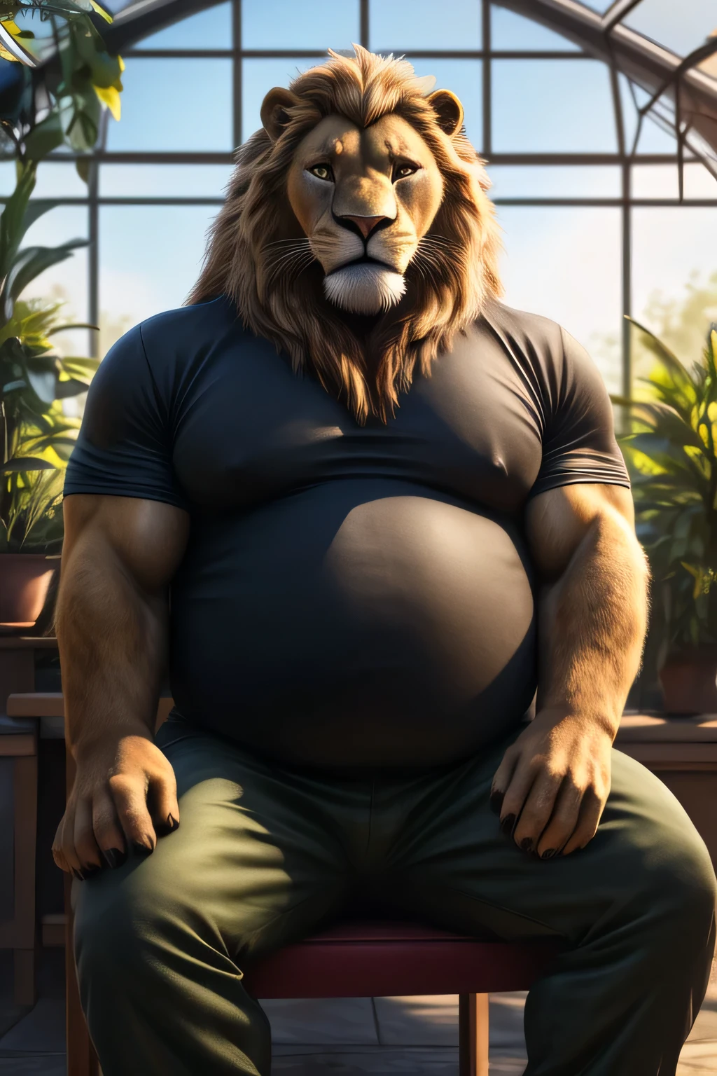 a very obese male lion with a long blond mane, extreme big and fat belly, extremely detailed eyes, feline hands, feral paws, long fur, heavy body hair, wearing a very tight shirt and tight cargo pants, sitting on a homemade chair in an indoor greenhouse, front view, face portrait, (best quality,8k,highres,masterpiece:1.2),ultra-detailed,(realistic,photorealistic,photo-realistic:1.37),HDR,UHD,studio lighting,ultra-fine painting,sharp focus,physically-based rendering,extreme detail description,professional,vivid colors,bokeh,cinematic,extremely detailed eyes and face, correct anatomy, correct eyes, correct hands