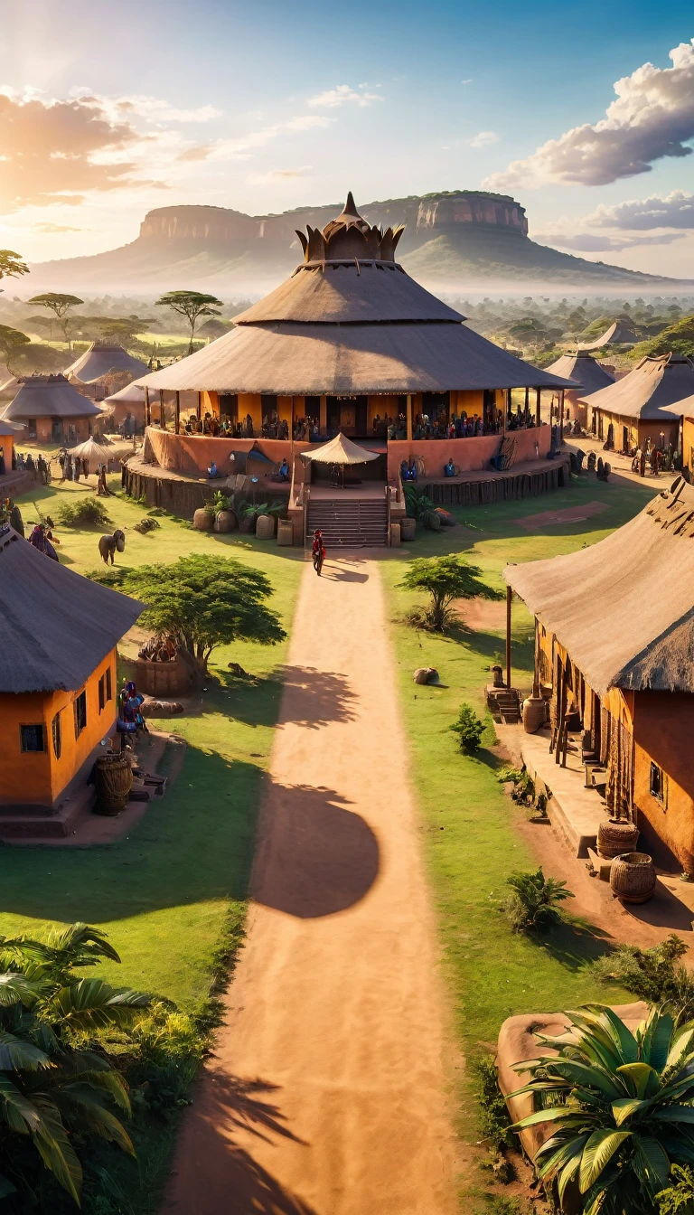 a very large african traditionnal empire, wakanda many houses, big civilisation, african sunchine, detailed, diverse people, colorful, cinematic lighting, dramatic shadows, vibrant colors, photorealistic, 8k, HDR, hyper detailed, masterpiece, empire, sunbchine; good vibes 