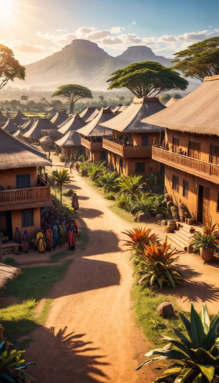 a very large african traditionnal empire, wakanda many houses, big civilisation, african sunchine, detailed, diverse people, colorful, cinematic lighting, dramatic shadows, vibrant colors, photorealistic, 8k, HDR, hyper detailed, masterpiece, empire, sunbchine; good vibes 
