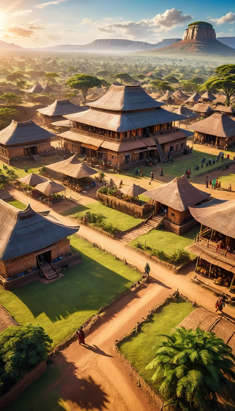 a very large african traditionnal empire, wakanda many houses, big civilisation, african sunchine, detailed, diverse people, colorful, cinematic lighting, dramatic shadows, vibrant colors, photorealistic, 8k, HDR, hyper detailed, masterpiece, empire, sunbchine; good vibes