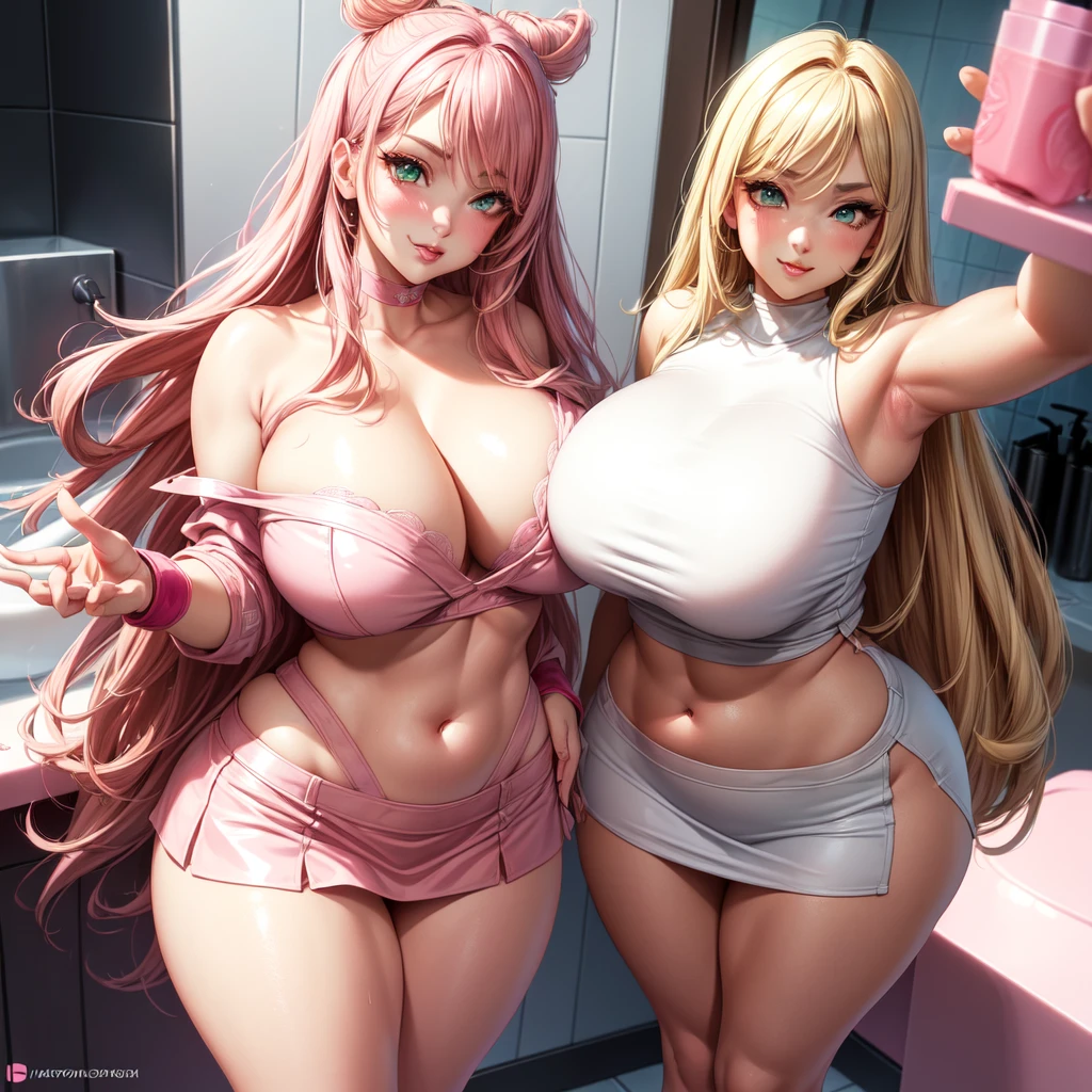 ((1 girls), solo, Big round breasts, trendy, stylish, clevage, thighs, hips, realistic, pink hair, blonde hair, light green eyes, lip gloss, detailed face, amazing big eyes, eye details, big lips, eyebrow details, pink mini skirt, crop top blush, confident, dominant, bdsm, smirk, naughty, mischevious face, HD, good quality, curvy, standing up, thick thighs, attractive, amazing body, perfect body, slim thick, indoors, pink and white outfit, bathroom sink 