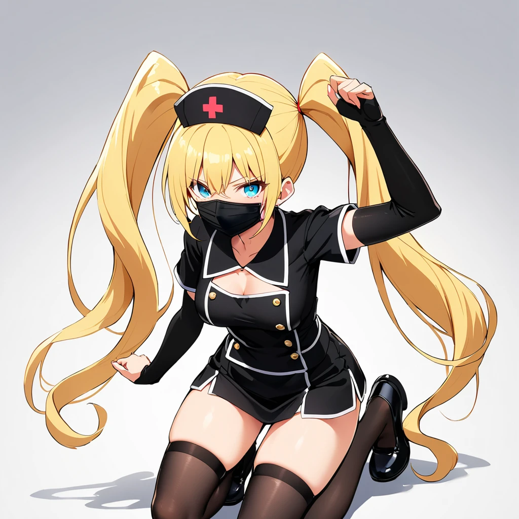 16k works,Highest quality,18-year-old,No background.White background only,whole body、Kneel,Dynamic and sexy pose, One person, Beautiful Face,, Symmetrical eyes, Perfect body, Good balance、 Perfect body、black nurse uniform, ((Black legwear, zettai ryouiki)), Black elbow gloves, Twin tails, Yellow Hair, ((Black surgical mask, Covered Nose)),