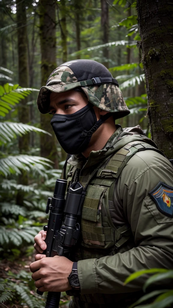 a camouflaged man in a dense forest, wearing a tactical outfit and mask, highly detailed, photorealistic, 8k, sharp focus, physically-based rendering, professional, vibrant colors, dramatic lighting, military, stealth, hidden, wilderness, concealment, survival, recon, special forces, covert operations