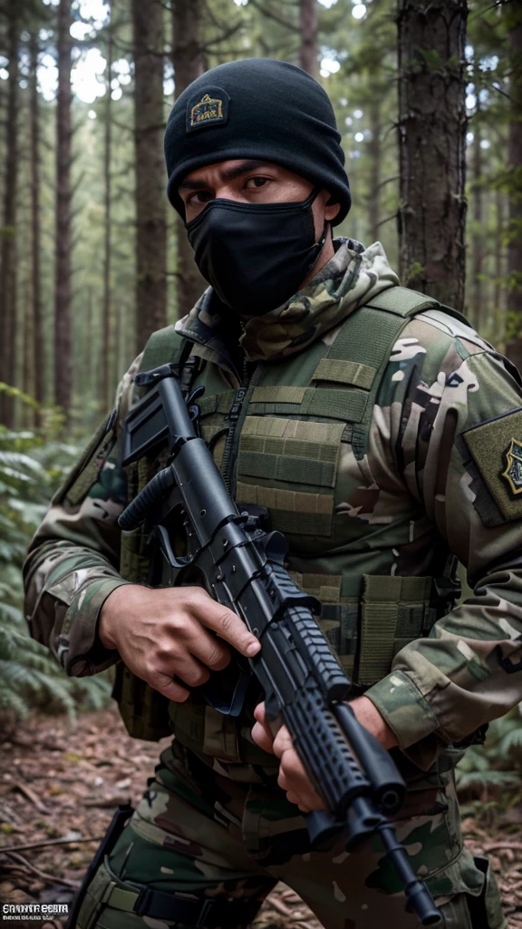 a camouflaged man in a dense forest, wearing a tactical outfit and mask, highly detailed, photorealistic, 8k, sharp focus, physically-based rendering, professional, vibrant colors, dramatic lighting, military, stealth, hidden, wilderness, concealment, survival, recon, special forces, covert operations