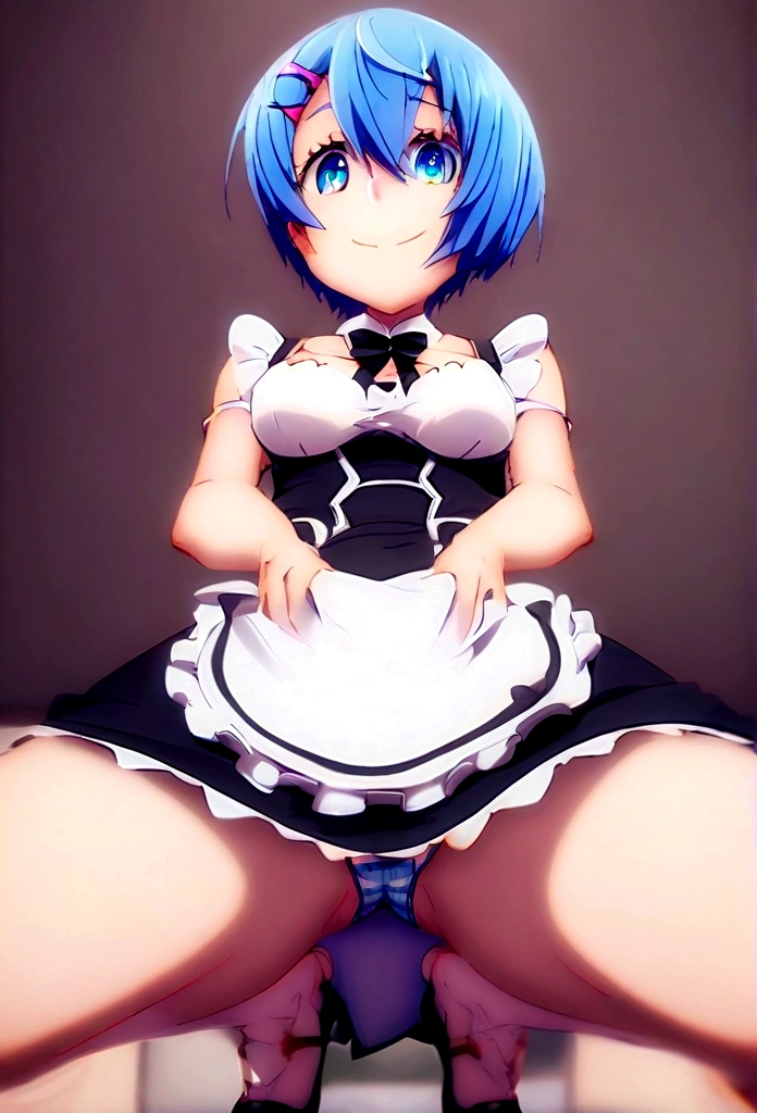 Starting Life in Another World from Zero,Rem,Short Hair,Blue Hair,Blue pupil,Rem風髪飾り,Roswaal Mansion Maid Uniform,Rem風カチューシャ(masterpiece:1.6,Highest quality),(Beautiful Eyes:1.2),Hmph_skirt,skirtド,One girl,Blue Hair,solo,E Blue Eyes,× Hair Accessories,Rothvale mansion maid outfit,Landmines,(Dress Lift:1.2),(skirtめくり), looking at the camera, Angle from below, 短いskirt, squat, A shy smile,Cute design pantiealicious grin,soloで,Detailed panties