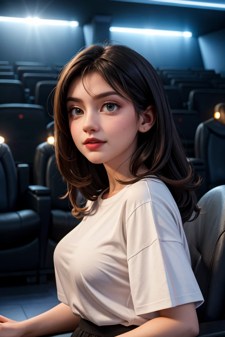 a full body short of 22 year old girl in oversized shirt streaming playing video game on desktop PC, 1girl, Mole in right chin on face , oversized tshirt white and black shorts, c cup breast medium size , black straight long hair ,long hairstyle, Ilford, Romantic , Shot from front, Shot by Blackmagic Pocket, dynamic pose, Cinema Camera 6K Pro with Sigma 18-35mm f/1.8 DC HSM Art Lens, beautifully lit, high resolution, clear tones, depth of field, cinematic lighting, 4k, elite, luxury, micro detalls, bokeh, elegant, cinematic, photorealistic, Hair light, at movie theater in background, Photography by Richard Avedon