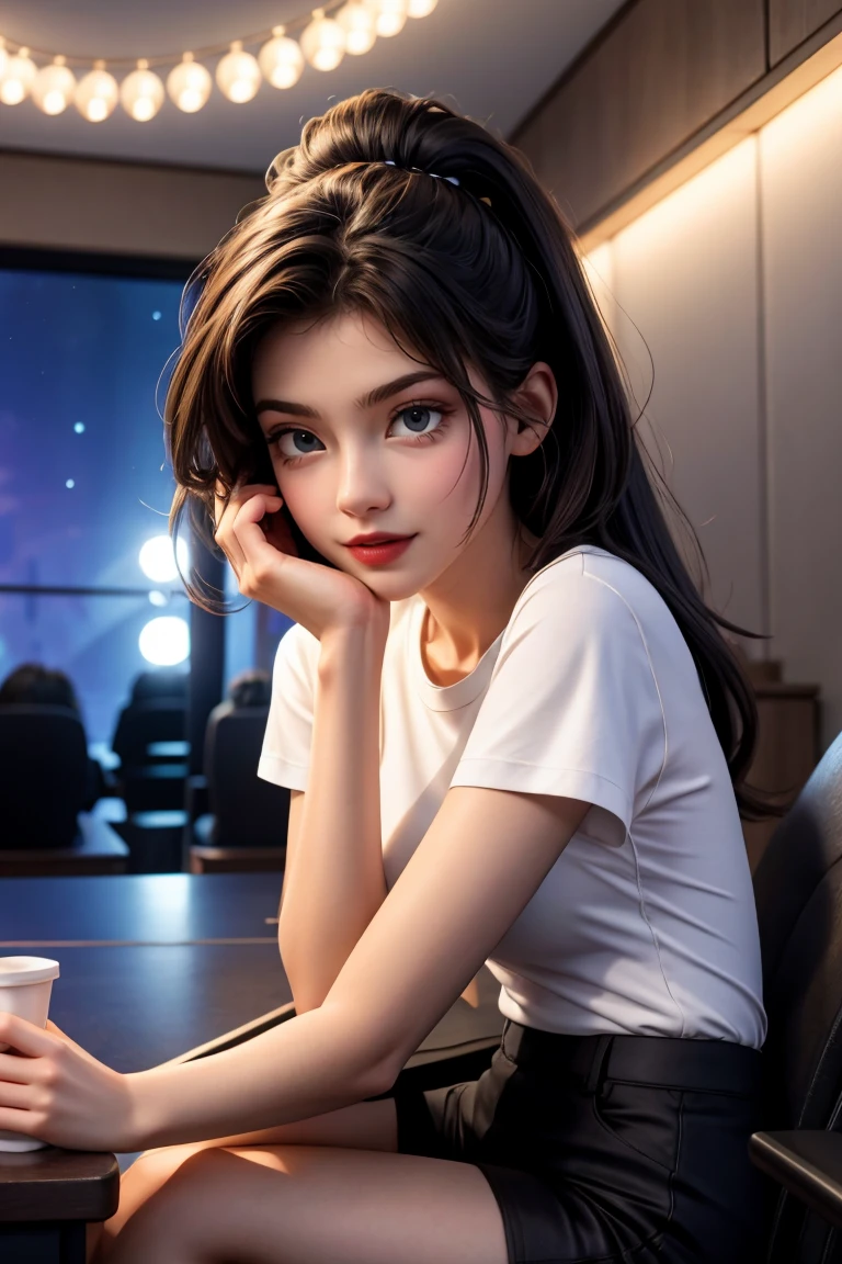 a full body short of 22 year old girl in oversized shirt streaming playing video game on desktop PC, 1girl, Mole in right chin on face , oversized tshirt white and black shorts, c cup breast medium size , black straight long hair ,long hairstyle, Ilford, Romantic , Shot from front, Shot by Blackmagic Pocket, dynamic pose, Cinema Camera 6K Pro with Sigma 18-35mm f/1.8 DC HSM Art Lens, beautifully lit, high resolution, clear tones, depth of field, cinematic lighting, 4k, elite, luxury, micro detalls, bokeh, elegant, cinematic, photorealistic, Hair light, at movie theater in background, Photography by Richard Avedon