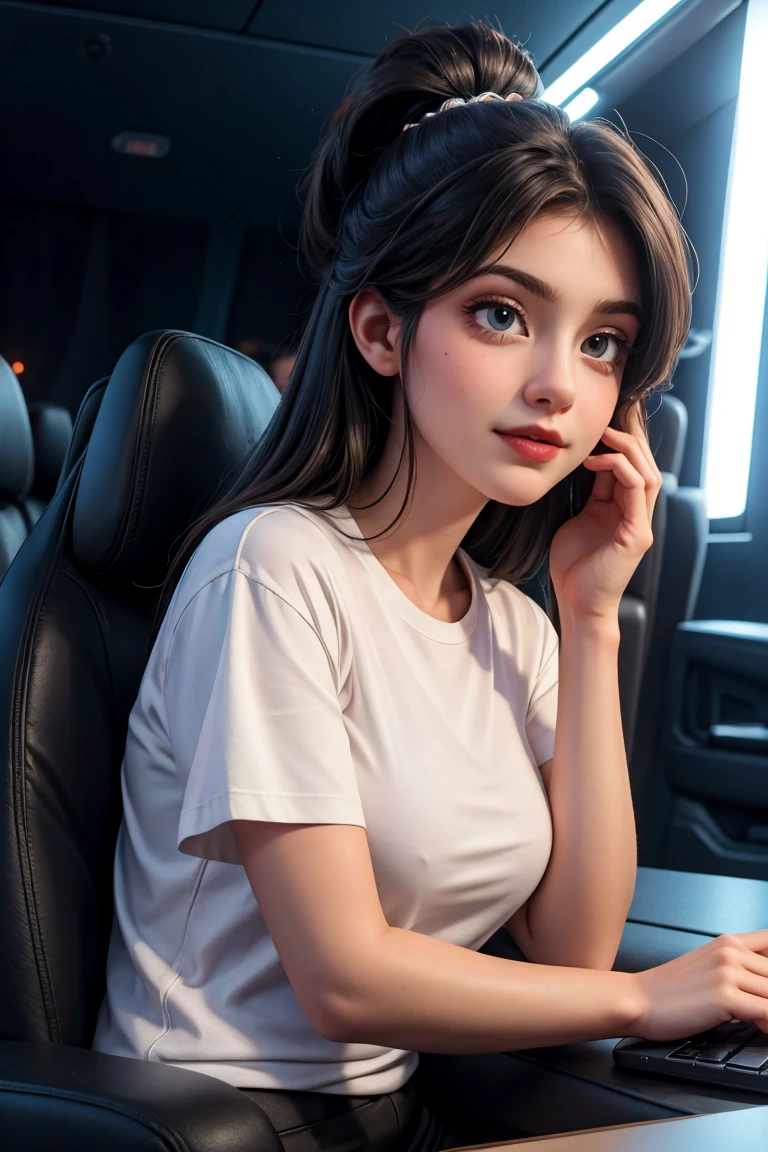 a full body short of 22 year old girl in oversized shirt streaming playing video game on desktop PC, 1girl, Mole in right chin on face , oversized tshirt white and black shorts, c cup breast medium size , black straight long hair ,long hairstyle, Ilford, Romantic , Shot from front, Shot by Blackmagic Pocket, dynamic pose, Cinema Camera 6K Pro with Sigma 18-35mm f/1.8 DC HSM Art Lens, beautifully lit, high resolution, clear tones, depth of field, cinematic lighting, 4k, elite, luxury, micro detalls, bokeh, elegant, cinematic, photorealistic, Hair light, at movie theater in background, Photography by Richard Avedon