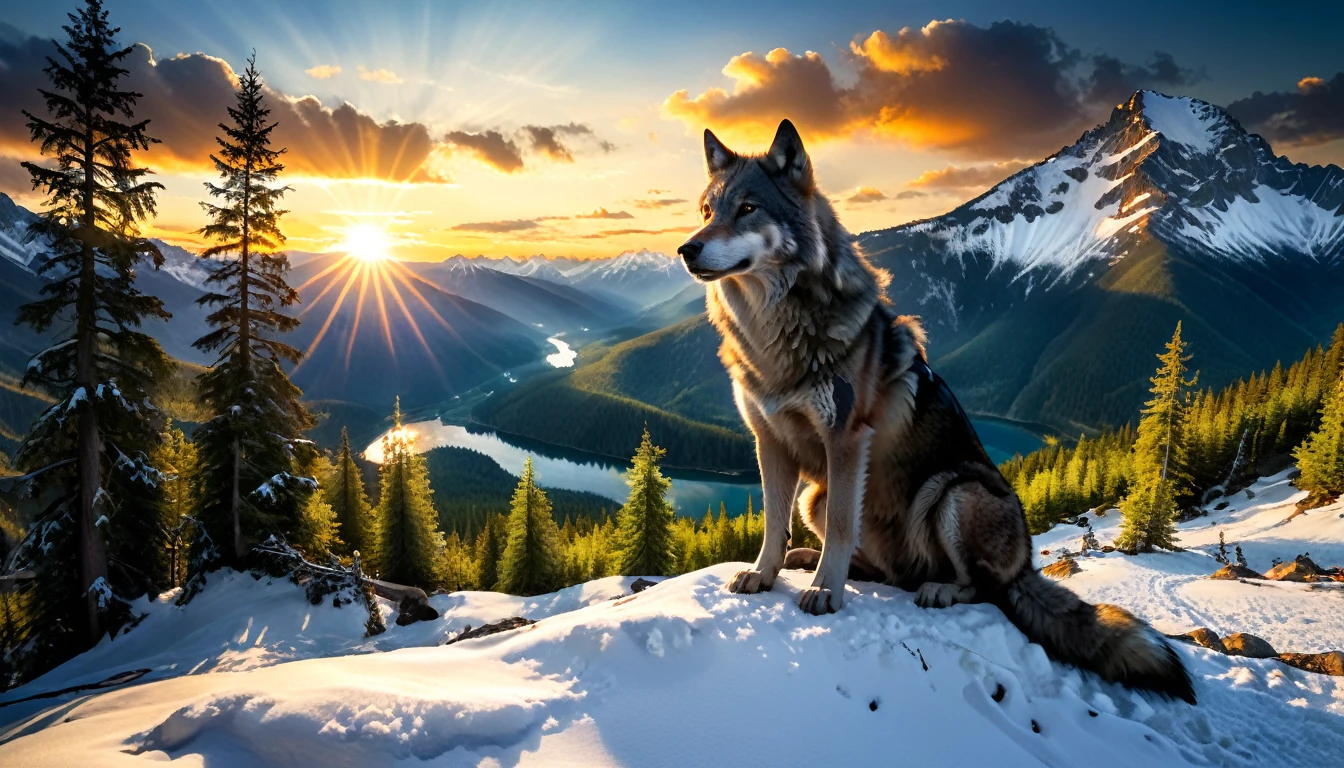 a National Geographic nature shot of a wolf sitting on a snowy mountain, watching the sun rises, the transition between night and day, the snow forest mountain range, a silver (dire wolf: 1.3), sitting on top of a (snowy mountain: 1.4), he sees the forest in the mountains, there pine trees, elm trees, maple trees, the forest has ,many shades of green trees, snow, a river flows between the mountains, the forest is reflected in rays of sunset in river, the skies in many shades of, red, blue, yellow, and orange, divine rays, some clouds, sun rays,  (highest quality:1.2, Very detailed, up to date, Vibrant, Ultra-high resolution, High Contrast, masterpiece:1.2, highest quality, Best aesthetics), best details, best quality, highres, ultra wide angle, 16k, [ultra detailed], masterpiece, best quality, (extremely detailed: 1.5), aetherpunkai, Cinematic Hollywood Film style, ladyshadow
