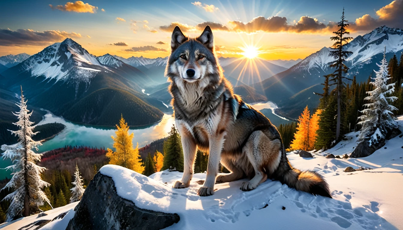 a National Geographic nature shot of a wolf sitting on a snowy mountain, watching the sun rises, the transition between night and day, the snow forest mountain range, a silver (dire wolf: 1.3), sitting on top of a (snowy mountain: 1.4), he sees the forest in the mountains, there pine trees, elm trees, maple trees, the forest has ,many shades of green trees, snow, a river flows between the mountains, the forest is reflected in rays of sunset in river, the skies in many shades of, red, blue, yellow, and orange, divine rays, some clouds, sun rays,  (highest quality:1.2, Very detailed, up to date, Vibrant, Ultra-high resolution, High Contrast, masterpiece:1.2, highest quality, Best aesthetics), best details, best quality, highres, ultra wide angle, 16k, [ultra detailed], masterpiece, best quality, (extremely detailed: 1.5), aetherpunkai, Cinematic Hollywood Film style, ladyshadow