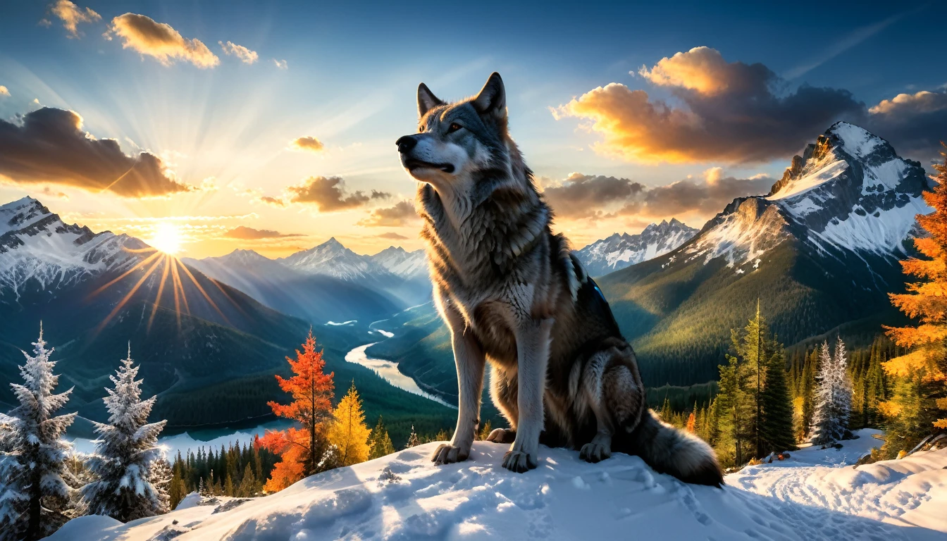 a National Geographic nature shot of a wolf sitting on a snowy mountain, watching the sun rises, the transition between night and day, the snow forest mountain range, a silver (dire wolf: 1.3), sitting on top of a (snowy mountain: 1.4), he sees the forest in the mountains, there pine trees, elm trees, maple trees, the forest has ,many shades of green trees, snow, a river flows between the mountains, the forest is reflected in rays of sunset in river, the skies in many shades of, red, blue, yellow, and orange, divine rays, some clouds, sun rays,  (highest quality:1.2, Very detailed, up to date, Vibrant, Ultra-high resolution, High Contrast, masterpiece:1.2, highest quality, Best aesthetics), best details, best quality, highres, ultra wide angle, 16k, [ultra detailed], masterpiece, best quality, (extremely detailed: 1.5), aetherpunkai, Cinematic Hollywood Film style, ladyshadow