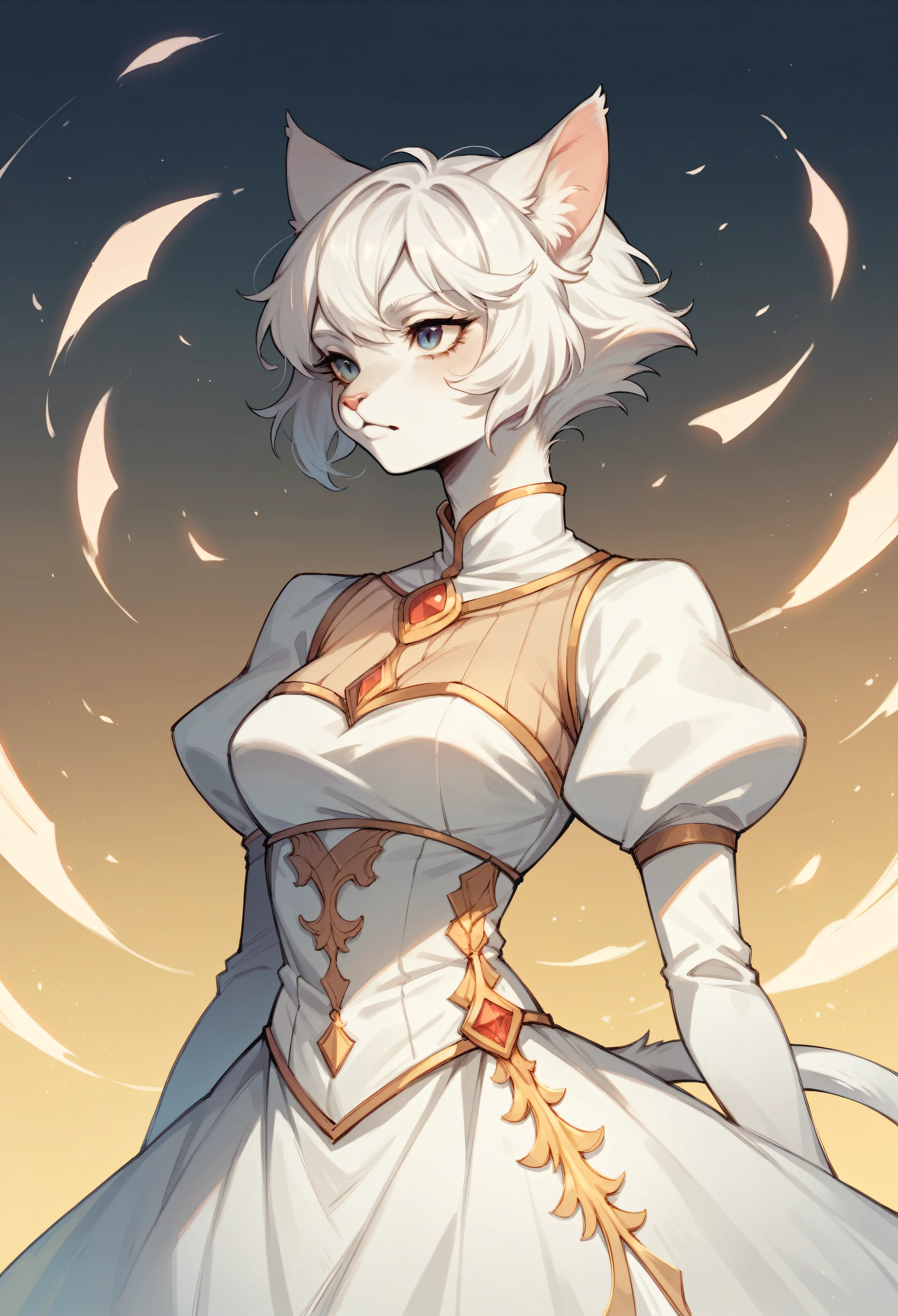 anthro Cat girl,White dress, princes fantasy, short white hair