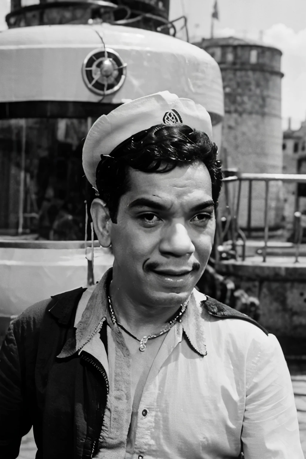 cantinflas in front of the helm of a ship