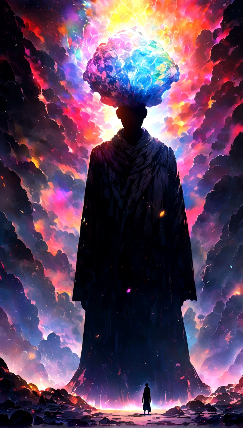 a person silhouette , stone, Texture, Tall, Majestic, The background is illuminated by sunlight，inverted image, colourful lights coming ou from the head