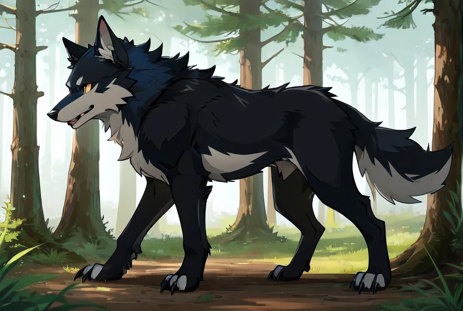 (feral),solo,male,wolf,hi res,fur,quadruped,looking at viewer,claws,side view,standing,anatomically correct,forest,outside,sheath,(fully sheathed),(barely visible sheath),full body
