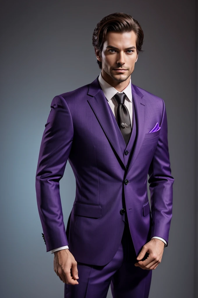 Make a male robot whose handsome, and wearing a suit and tie, while holding a purple katana