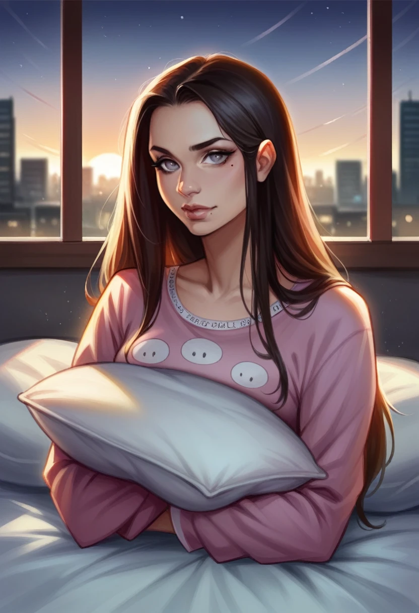 Full body shot, 1girl,forehead,grey eyes,lips,long hair,looking at viewer,makeup,mole,nose,portrait,realistic, lips, Raw photo,8k,realistic skin details,realistic hair details,perfect skin,8k uhd,dslr,high quality, analog style, half body portrait, city at night, shallow depth of field, dslr, soft lighting, high quality, hasselblad , helios 44-2 58mm fo, In bed, wearing long-sleeved pajamas, placing her head on a pillow, the sun is shining on her from a window