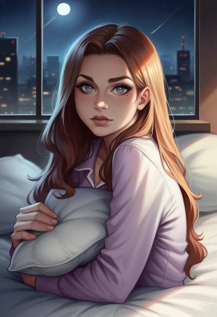 Full body shot, 1girl,forehead,grey eyes,lips,long hair,looking at viewer,makeup,mole,nose,portrait,realistic, lips, Raw photo,8k,realistic skin details,realistic hair details,perfect skin,8k uhd,dslr,high quality, analog style, half body portrait, city at night, shallow depth of field, dslr, soft lighting, high quality, hasselblad , helios 44-2 58mm fo, In bed, wearing long-sleeved pajamas, placing her head on a pillow, the sun is shining on her from a window
