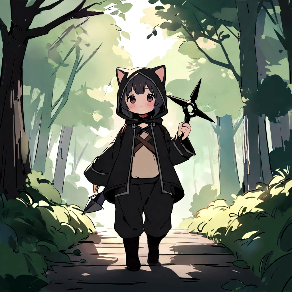 best image quality、"Create your own cute animal masterpieces、cat、(The place is a forest), high detail, in 8K、best image quality、dressed as an adventurer、With shuriken in hand、Ninja Hero Costume、(((cute)))、Walking towards the morning sun