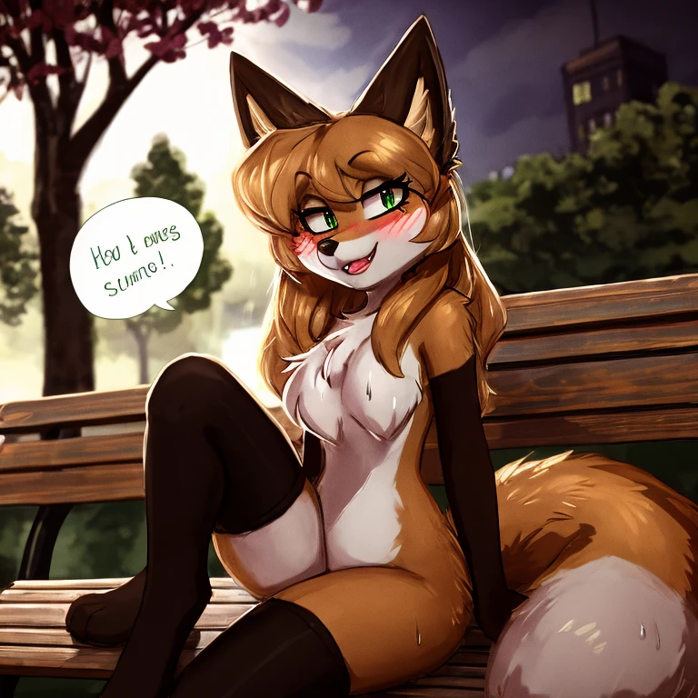 uploaded to E621, by Zackary911, beautiful and detailed portrait of an anthropomorphic vixen ((female))), (detailed averi), (detailed lighting), (detailed fur), (detailed breasts), BREAK, (cinematic lighting), ((detailed background)), ((depth of field)), (half body shadow), ((looking at viewer)), [backlighting], [detailed ambient light], [ambient light on the belly], [realistic proportions], [explicit content, adult, nsfw], [sharp focus], (questionable content), (shaded), (hi res), ((masterpiece)), (Averi, Fox girl), (anthro, fluffy fur), anthro fox girl, body fur, curvy, sexy, nice, cute, hot, sassy, sassy hips, (Averi, Fox girl), green eyes, solo, blush, friendly smile, flat chest, chest fluff, striped thigh highs, colorful thigh highs, high socks, thigh high socks, striped high socks, legs adorned with colorful fabric, speech bubble, heart, hearts, seductive pose, sexy pose, in a park, sitting, sitting on a park bench, park bench, night, rain, wet fur