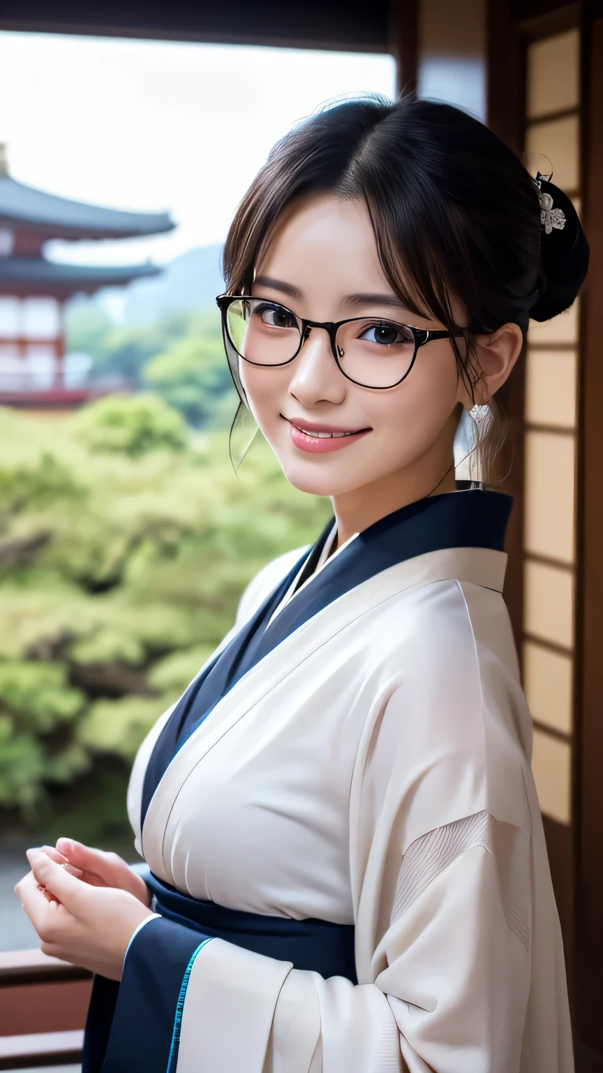 (Super beautiful woman in kimono)、((highest quality、8K masterpiece:1.3))、sharp focus:1.2、(super beautiful face:1.0)、(shiny skin:1.0)、realistic pictures、black hair、video lighting、High resolution eyes and face、video lighting、japanese actress、from the front、big breasts、with a happy smile、Slender abs beauty、whole body、wearing a kimono、in Kyoto、(((luxury obi)))、In Kyoto at night、wearing glasses with no edge、Brush your hair up with your fingers.
