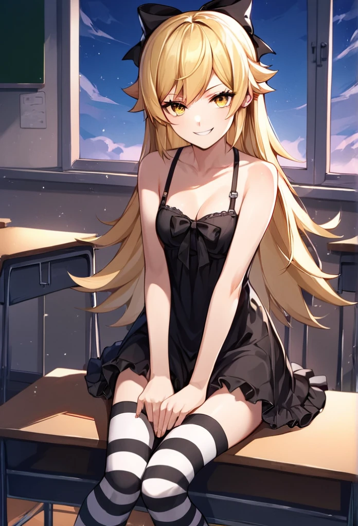 score_9, score_8_up, score_7_up, score_6_up, source_anime, rating_safe,, 1girl, solo, oshino shinobu, tv_gothic, blonde hair, long hair, yellow eyes, black dress, hair bow, striped thighhighs, frills, sitting, classroom, night, looking at viewer, smirk ((no clothes naked, sexy))