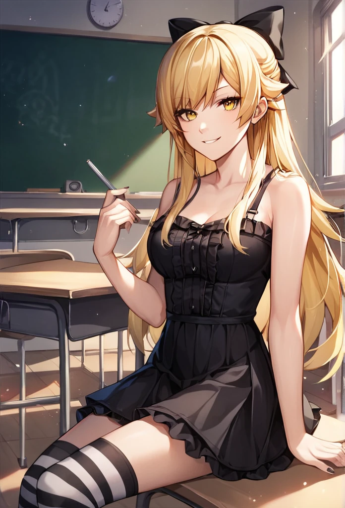 score_9, score_8_up, score_7_up, score_6_up, source_anime, rating_safe,, 1girl, solo, oshino shinobu, tv_gothic, blonde hair, long hair, yellow eyes, black dress, hair bow, striped thighhighs, frills, sitting, classroom, night, looking at viewer, smirk ((no clothes naked, sexy))