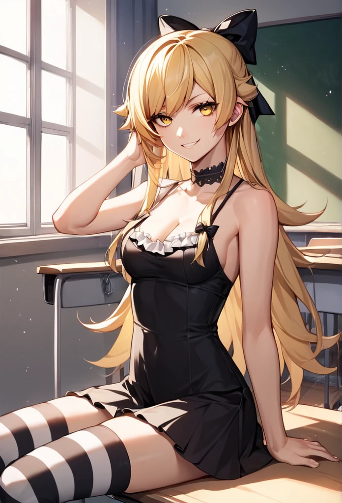 score_9, score_8_up, score_7_up, score_6_up, source_anime, rating_safe,, 1girl, solo, oshino shinobu, tv_gothic, blonde hair, long hair, yellow eyes, black dress, hair bow, striped thighhighs, frills, sitting, classroom, night, looking at viewer, smirk ((no clothes naked, sexy))