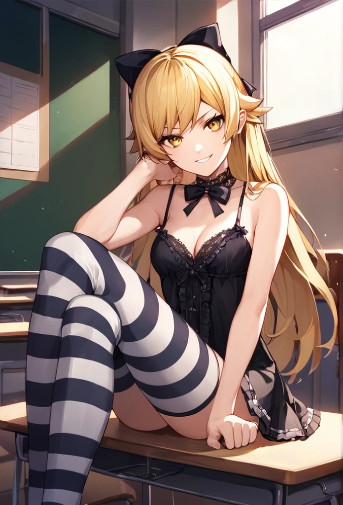 score_9, score_8_up, score_7_up, score_6_up, source_anime, rating_safe,, 1girl, solo, oshino shinobu, tv_gothic, blonde hair, long hair, yellow eyes, black dress, hair bow, striped thighhighs, frills, sitting, classroom, night, looking at viewer, smirk ((no clothes naked, sexy))