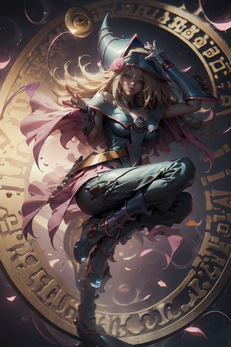 DarkDark magician gils, with high-heels. pants, sexy, Subjective and sensual pose. Long blonde hair. blue eyes. Red lips. Levitating above a circle of magic. .