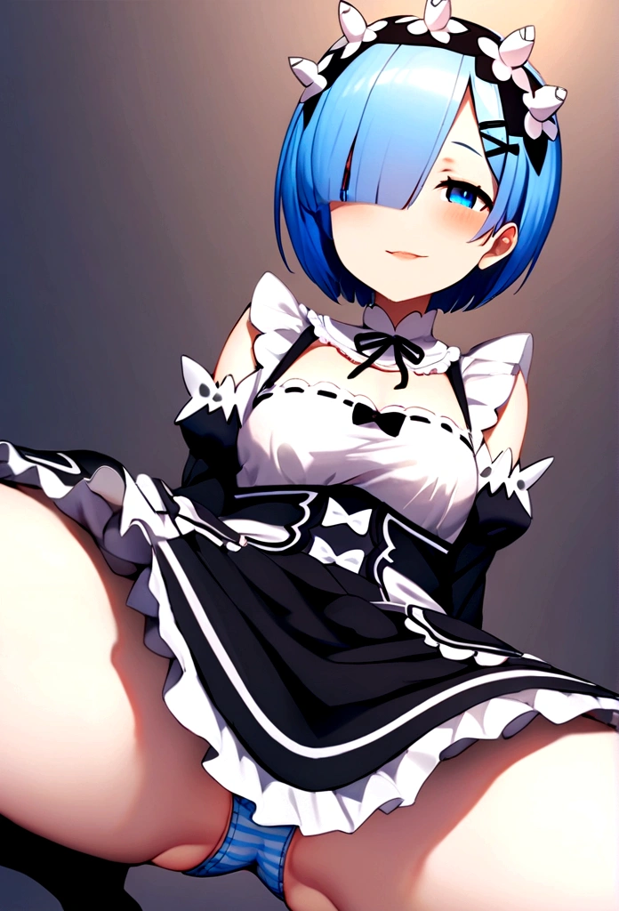 Starting Life in ther World from Zero,Rem,Short Hair,Blue Hair,Blue pupil,Rem風髪飾り,Roswaal Mansion Maid Uniform,Rem風カチューシャ(masterpiece:1.6,Highest quality),(Beautiful Eyes:1.2),Hmph_skirt,skirtド,One girl,Blue Hair,solo,E Blue Eyes,× Hair Accessories,Rothvale mansion maid outfit,Landmines,(Dress Lift:1.2),tめくり), looking at the camera, Angle from below, 短いskirt, squat, A shy smile,Cute design panties、ous grin,soloで,Detailed panties
