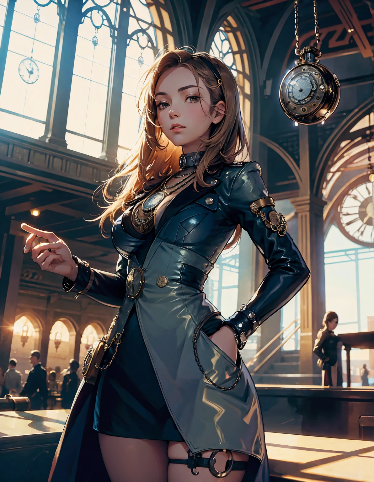 SteamPunk AI, one woman, a traveler, looks at a pocket watch in her hand, in the background is a railway station under a huge roof. top quality, masterpiece, beautiful