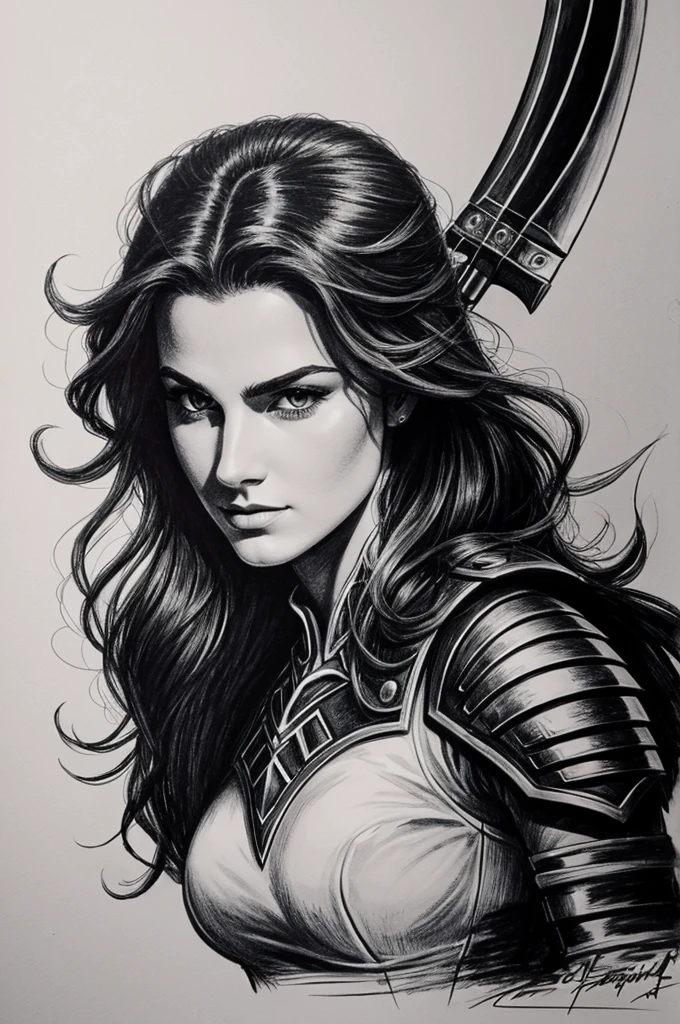 Dessin noir et blanc d'une guerrière de lumière