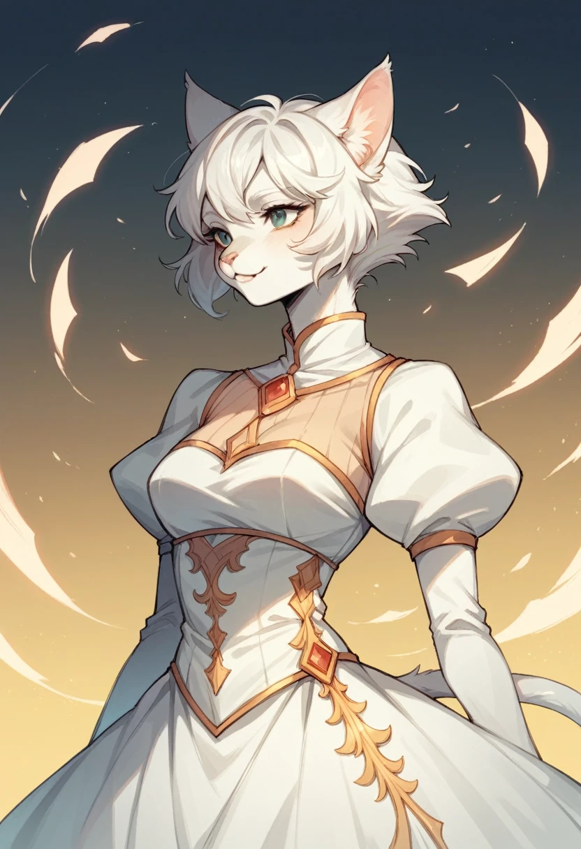 anthro Cat girl,White dress, princes fantasy, short white hair, smiling at the camera