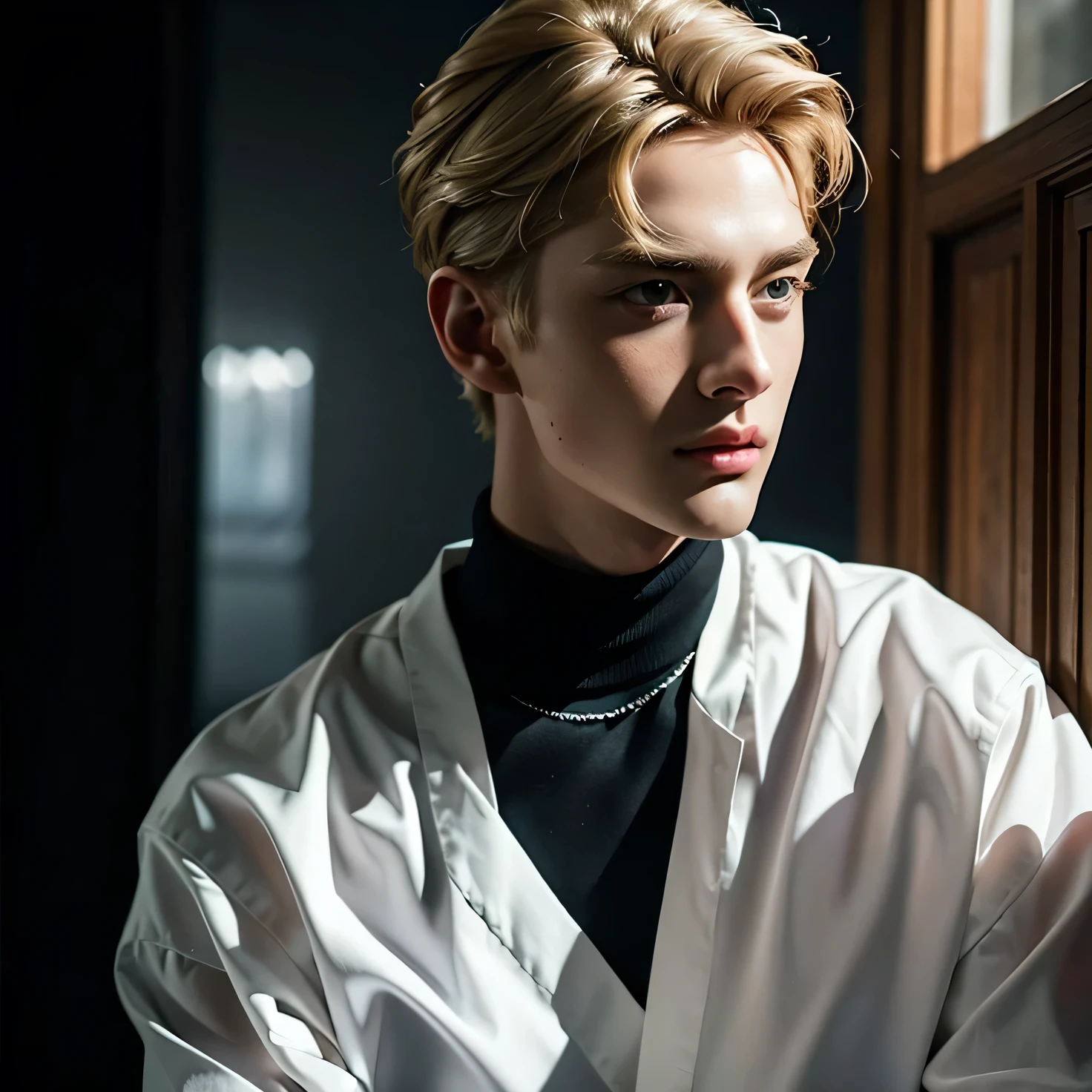 handsome male ,upper body portrait, sweater, detailed short hair,white skin, blonde hair,serious face,handsome boys,realistic photo, hyperdetailed, ((blonde hair man)), (aqua eyes), handsome man, there is a man lying in bed with a necklace around his neck, high-necked blouse, black high-necked blouse, hyperrealistic, tumblr, epic, smooth and pale skin, background, background with bokeh effect, blond hair, solid circle eyes, ccurate, hyperrealism, Surrealism, drop shadow, 8k, super detail, best quality, UHD, masterpiece, anatomically correct, UHD, masterpiece, anatomically correct, textured skin, super detail, high details, high quality, 16k, 1080P, 4K, 8k, straight hair, , Realism,