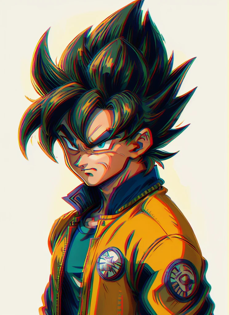 1man, solo, (masterpiece), best quality, ultra-detailed, Son Goku from Dragon Ball Z, super saiyan hair, yellow hair, Retro style, full body. fashion cloth, blue jean jacket, orange shirt, fancy, portrait, upper body, face detail, eyes detail: 1.3, simple background, green eyes, orange shirt, white background.
