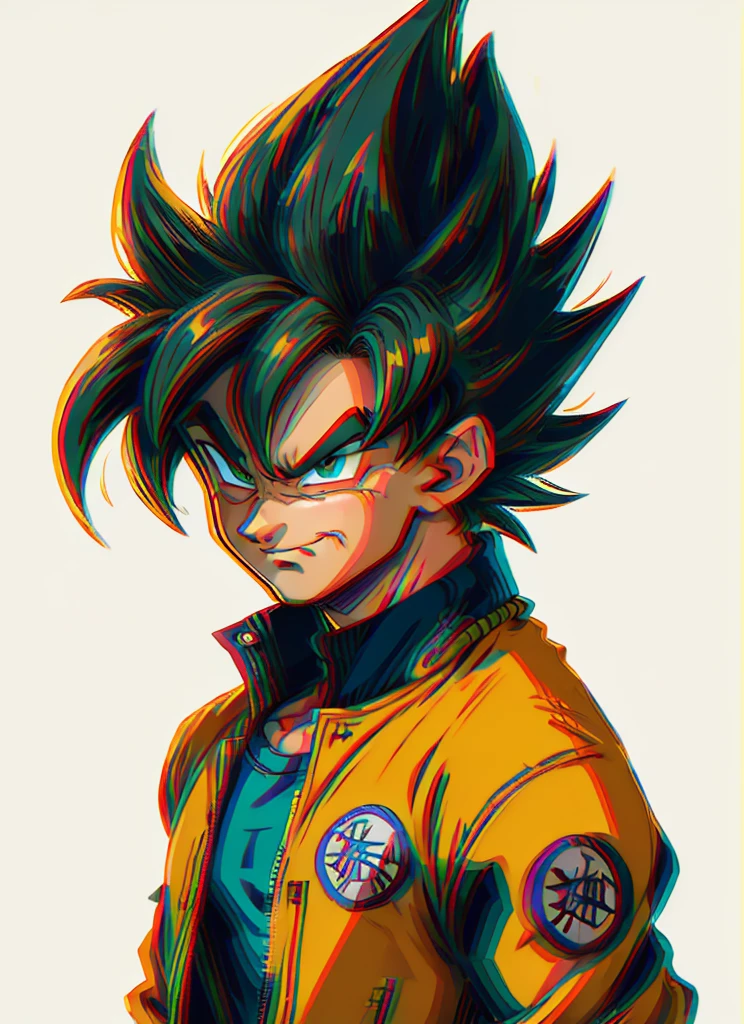 1man, solo, (masterpiece), best quality, ultra-detailed, Son Goku from Dragon Ball Z, super saiyan hair, yellow hair, Retro style, full body. fashion cloth, blue jean jacket, orange shirt, fancy, portrait, upper body, face detail, eyes detail: 1.3, simple background, green eyes, orange shirt, white background.
