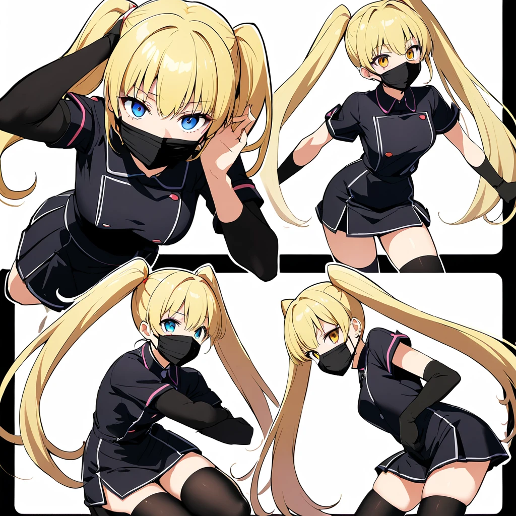 16k works,Highest quality,18-year-old,No background.White background only,whole body、Kneel,Dynamic and sexy pose, One person, Beautiful Face,, Symmetrical eyes, Perfect body, Good balance、 Perfect body、black nurse uniform, ((Black legwear, zettai ryouiki)), Black elbow gloves, Twin tails, Yellow Hair, ((Black surgical mask, Covered Nose)),