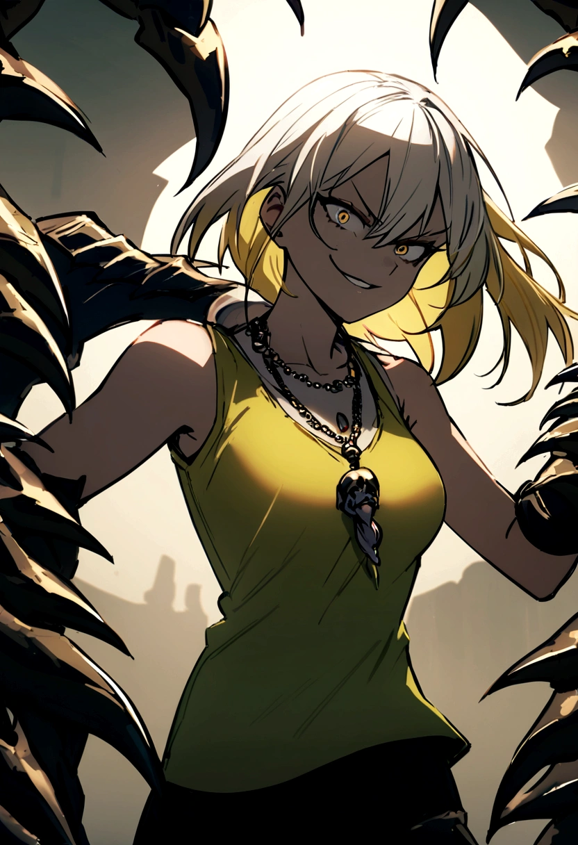 A girl (with a malicious smile) with white hair and short yellow locks with a bang to the side, with round eyes, with some sleeveless t-shirts, that he wears a necklace around his neck, and have gloves, and that it has claws