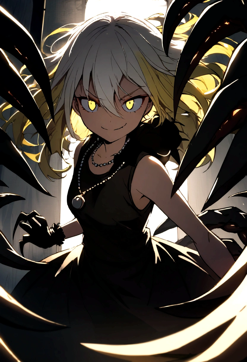 A girl (with a malicious smile) with white hair and short yellow locks with a bang to the side, with round eyes, with some sleeveless t-shirts, that he wears a necklace around his neck, and have gloves, and that it has claws