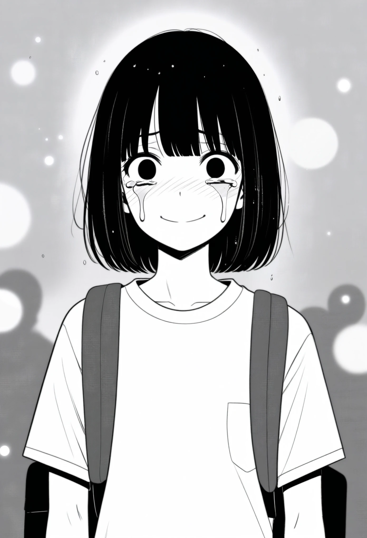 masterpiece, best quality, 1girl, mamerakkkkko, grayscale, manga style, japanese, chi no wadachi, black eyes, street, iced, black hair, schoolbag, smile, lineart, white background, white shirt, grey shorts, centered, 18 years old, tall, fair skinned, bokeh background, crying, tears, straight-on, tears streaming, bob cut, light particles, centered