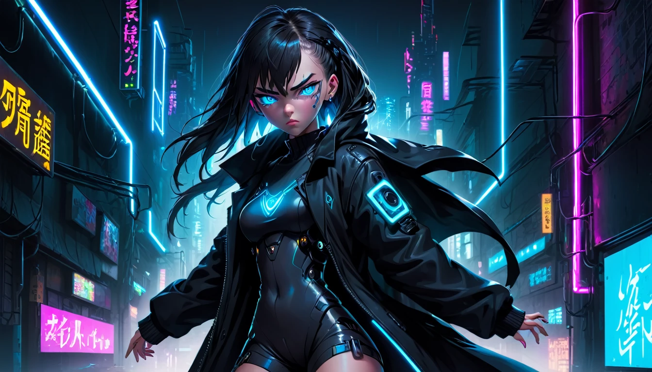 Angry girl 1 person, full body, cyberpunk, blue eyes, glowing eyes, black coat, open coat, neon,