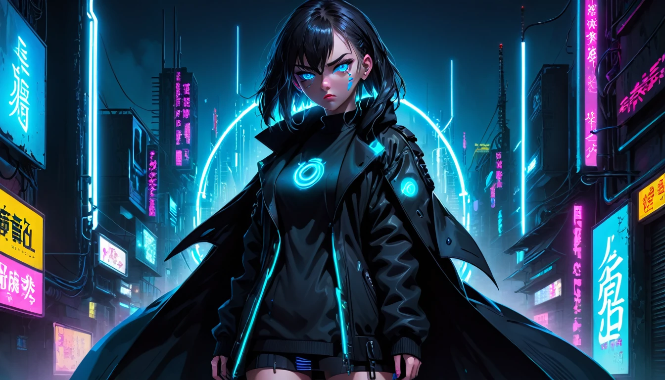 Angry girl 1 person, full body, cyberpunk, blue eyes, glowing eyes, black coat, open coat, neon,