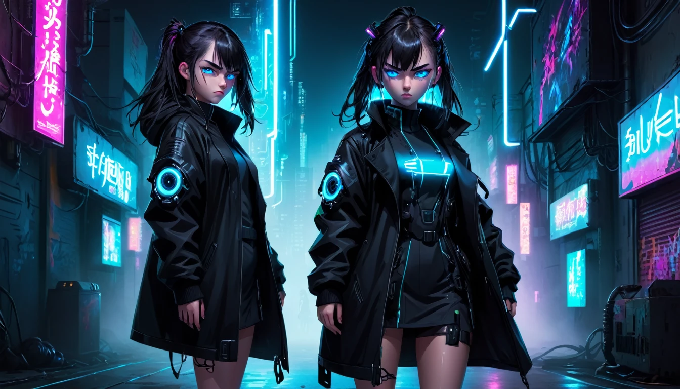Angry girl 1 person, full body, cyberpunk, blue eyes, glowing eyes, black coat, open coat, neon, teen