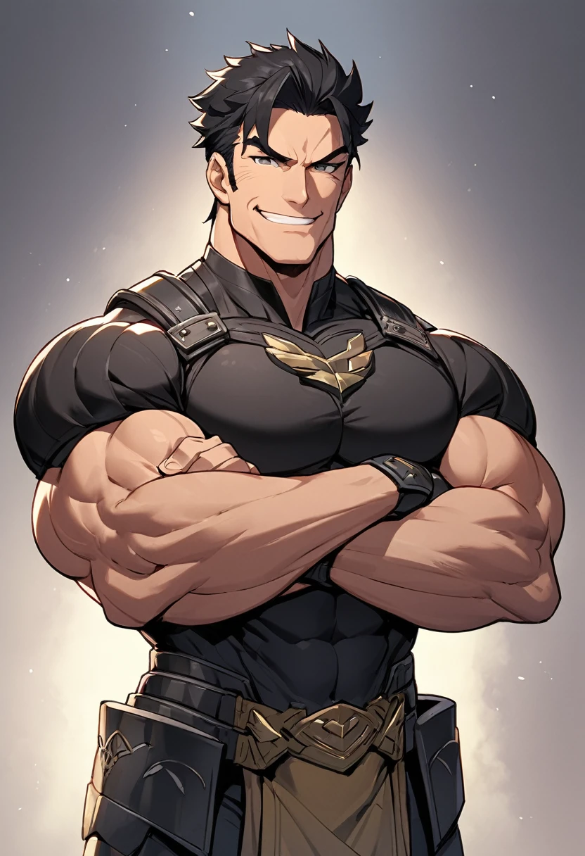 dark black hair, mature male, short haiir upright, dark black armor, crossed arms, muscular body, smirk, chad face, confident smile