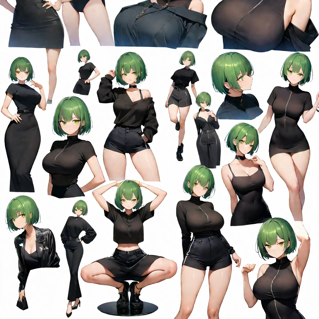 16k works,Highest quality,18-year-old,No background.White background only,whole body、Kneel,Dynamic and sexy pose, One person, Beautiful Face,, Symmetrical eyes, Perfect body, Good balance、 Perfect body、Green Hair, (Boyish short hair:1.3), High Fashion Brands, Big Breasts, Black clothes, Wear sunglasses